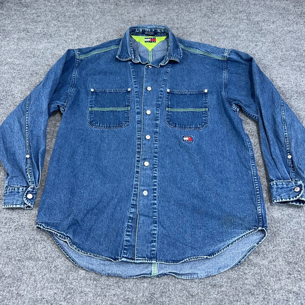 Vintage Tommy Hilfiger Shirt Mens‎ M Blue Jean Denim Y2K Flag Patch Neon Stitch